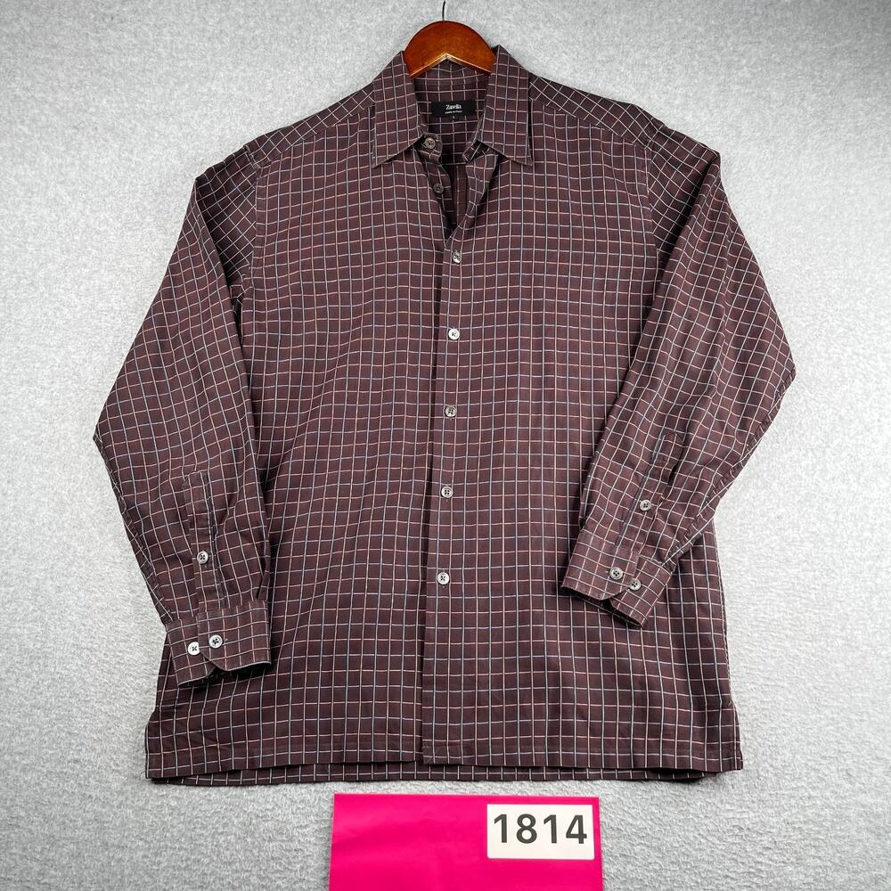 Zanella Shirt Brown Check Button Up Long Sleeve Mens Large Made In Italy